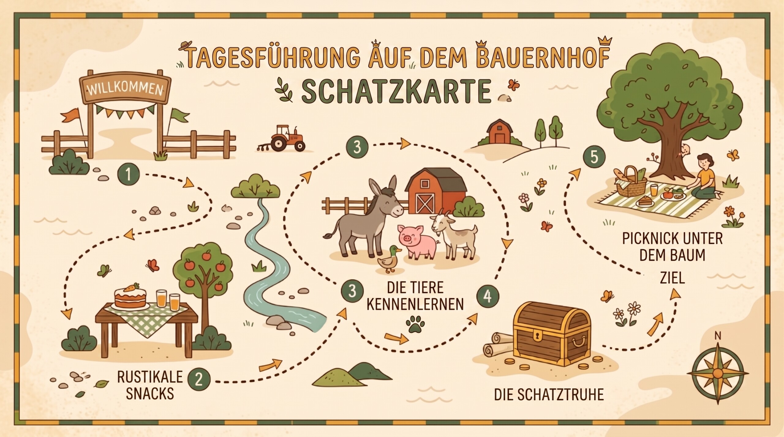 Illustrierte Schatzkarte: Tagesablauf auf dem Lernbauernhof La Fraterna, von der Ankunft bis zum abschließenden Picknick