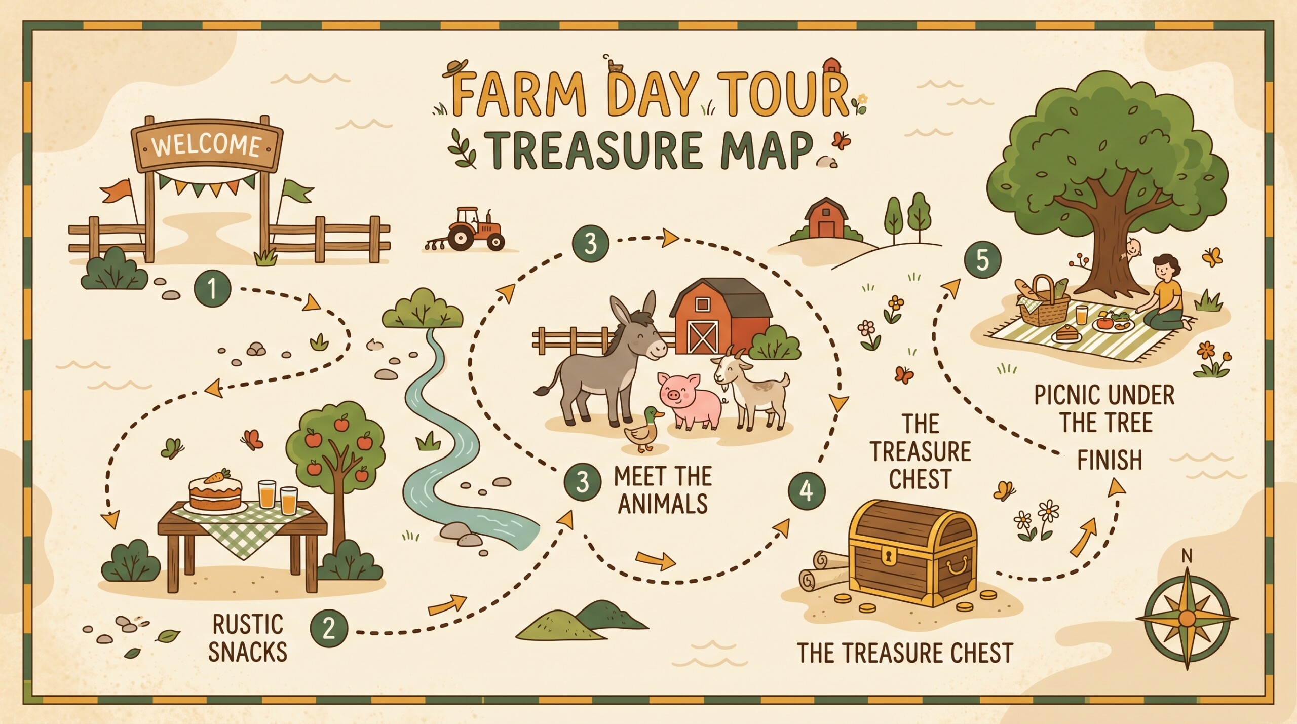 Illustrated treasure map: a day's itinerary at La Fraterna's educational farm, from arrival to the final picnic