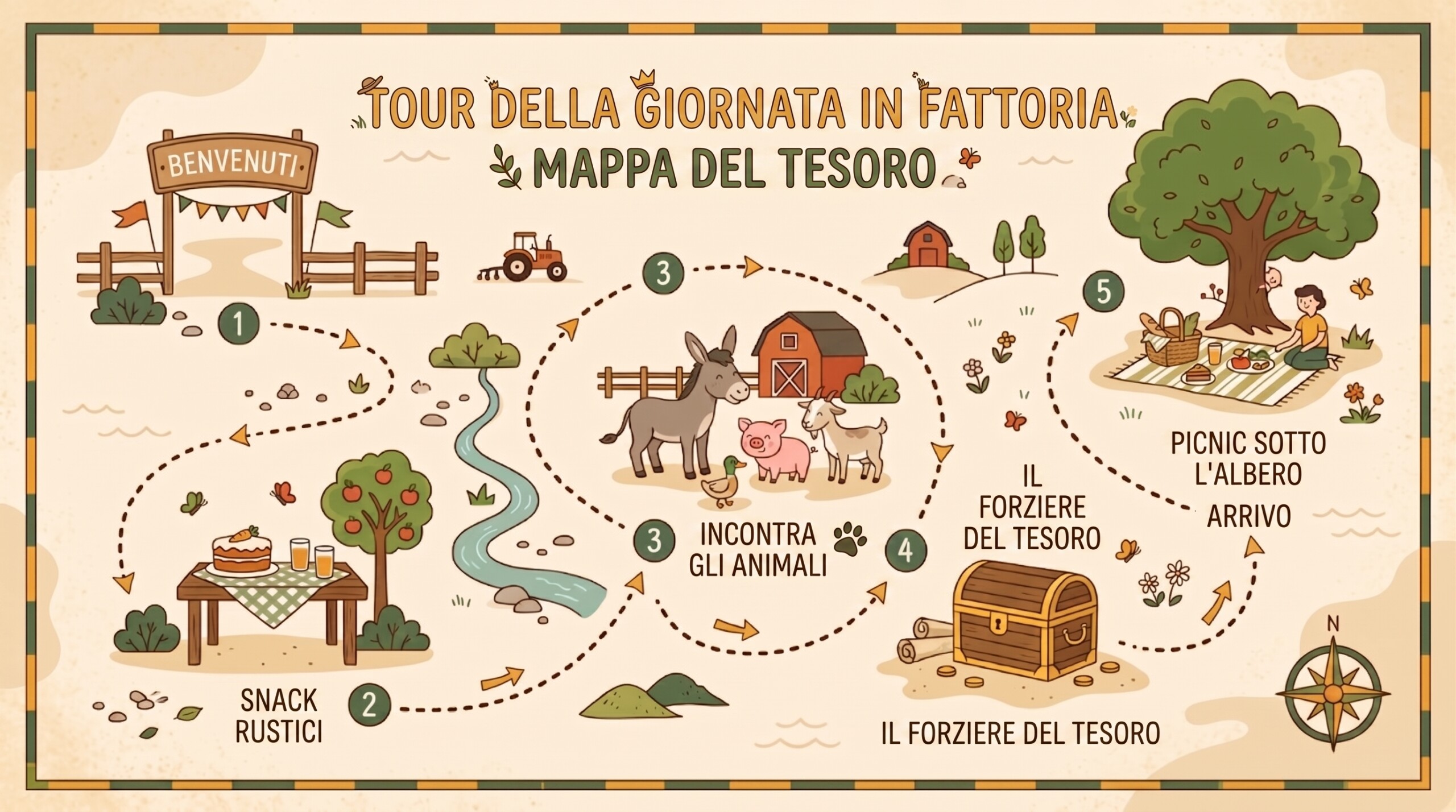 Mappa del tesoro illustrata: tour della giornata in fattoria didattica La Fraterna, dall'arrivo al picnic finale